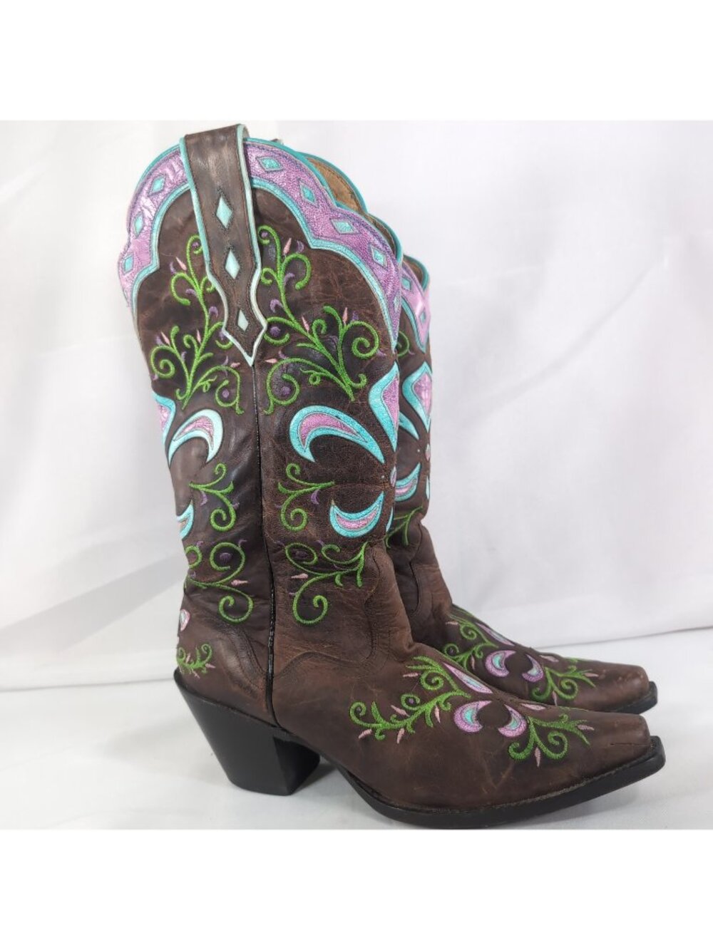 Sterling River Cowboy Boots Women's 9 B 9B Embroidered Brown Purple Blue Leather